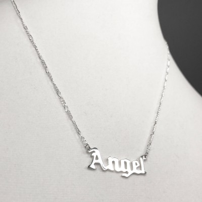 Custom Name Necklace Old English Gothic Font in Sterling Silver with Figaro Chain