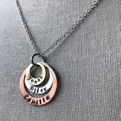 Custom Personalized 3 Name Mixed Metal Handstamped Necklace - Pendant on Sterling Silver Cable Chain - Made to Order