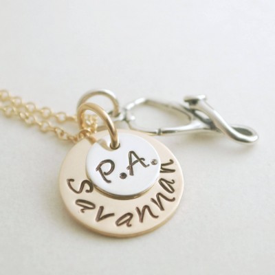Custom Physicians Assistant Jewelry - PA Necklace - Graduation for PA - Custom Silver Hand Stamped Sterling Silver and Gold Filled