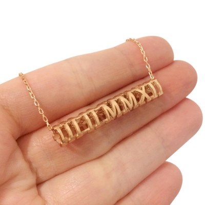 Custom Roman Numeral Cylinder Bar Necklace, Personalized Date Necklace, Roman Numeral Silver Necklace, Roman Numeral Jewelry, Date Necklace