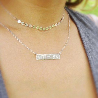 Custom name necklace, bride to be, engagement, anniversary gift, hand stamped personalized bar necklace, wife, mrs, Sterling silver Otis b