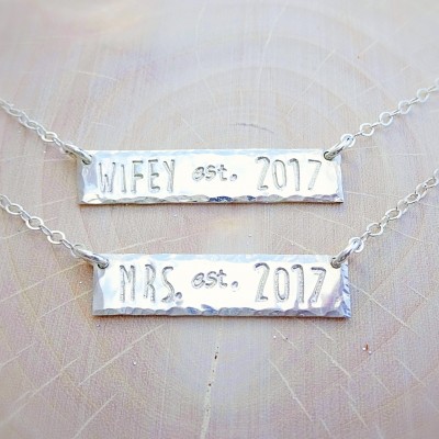 Custom name necklace, bride to be, engagement, anniversary gift, hand stamped personalized bar necklace, wife, mrs, Sterling silver Otis b