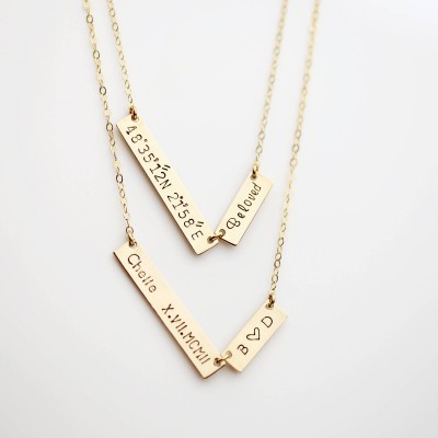 Customized hand stamped two unbalanced  bar /  Personalized name plate necklace in gold filled Sterling silver, Christmas gift for her