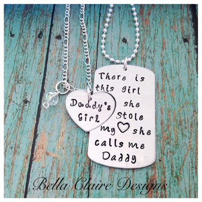 Daddys Girl set, Set of 2 There's This Girl She Stole My Heart She Calls Me Daddy Daddy daughter necklace keychain set, heart necklace, dadd