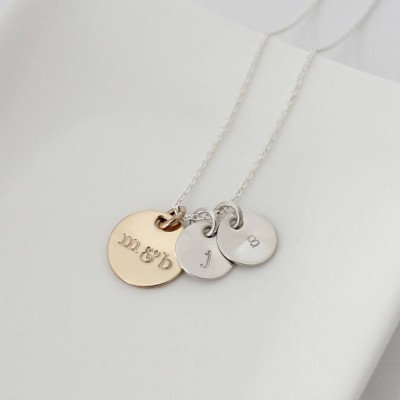 Dainty Initial Disc Necklace - Mixed Metals Silver and Gold - Personalized Hand Stamped Necklace - Mom Necklace - Gift for New Mom