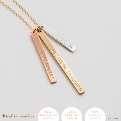 Dainty Vertical Bar Necklace, Gold Bar Necklace, Custom Name Bar Necklace / Gold Filled, Sterling Silver, Rose Gold Filled / 3 mixed bar 3B3