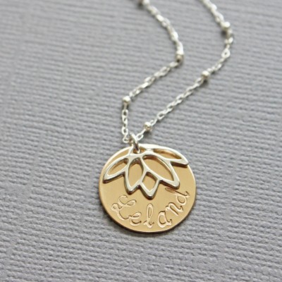 Delicate Baby Name Necklace - Two Tone Gold and Silver Lotus Pendant with Name - Feminine Mommy Necklace