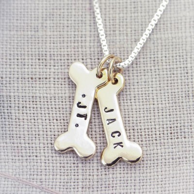 Dog Bones Bronze or Sterling Silver Hand Stamped Personalized Necklace-