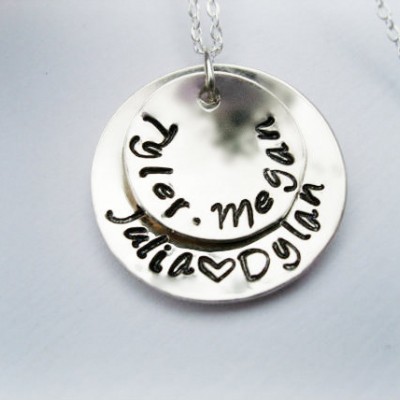 Double Disc Hand Stamped Sterling Silver Necklace, Mother Necklace, Grandmother Necklace, Mother Jewelry, Children Names, Name Necklace