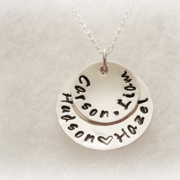 Double Disc Hand Stamped Sterling Silver Necklace, Mother Necklace, Grandmother Necklace, Mother Jewelry, Children Names, Name Necklace