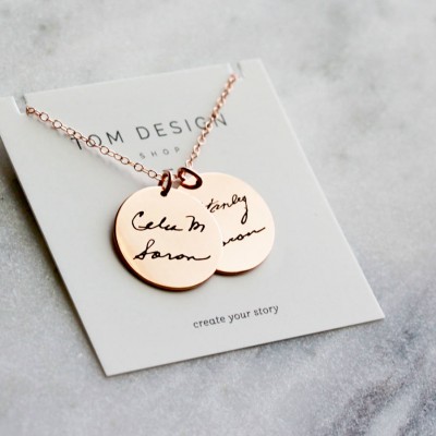 Double Disc Handwriting Necklace - Handwriting Necklace, Custom Engraved Signature Handwriting Necklace Gift for Mom Signature Handwritten
