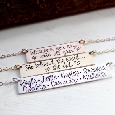 Double Line Personalized Bar Necklace for Lots of Names. Calligraphy Hand Stamped Custom Name Bar Necklace. Mother's Gold Bar Necklace.