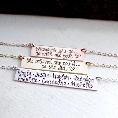 Double Line Personalized Bar Necklace for Lots of Names. Calligraphy Hand Stamped Custom Name Bar Necklace. Mother's Gold Bar Necklace.