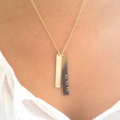 Double Nameplate Necklace - Gold Vertical Bar Necklace - Name and Date Necklace - Custom Engraved - Mother's Day Jewelry