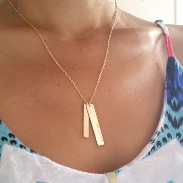 Double Nameplate Necklace - Gold Vertical Bar Necklace - Name and Date Necklace - Custom Engraved - Mother's Day Jewelry