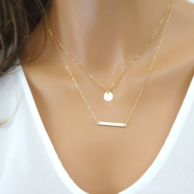 Double Strand Initial Necklace, Layered Necklace  set of 2, Personalized Necklace, Gold Bar necklace, Custom initial disc necklace