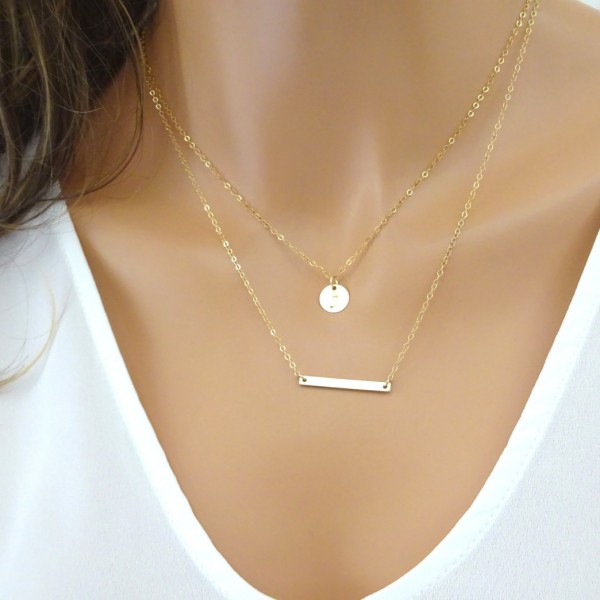 Double Strand Initial Necklace, Layered Necklace  set of 2, Personalized Necklace, Gold Bar necklace, Custom initial disc necklace