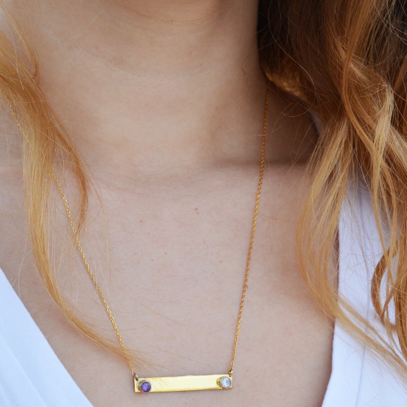 Personalized Bar Necklace with Rough Birthstones | Name Plate Necklace –  Ella Joli