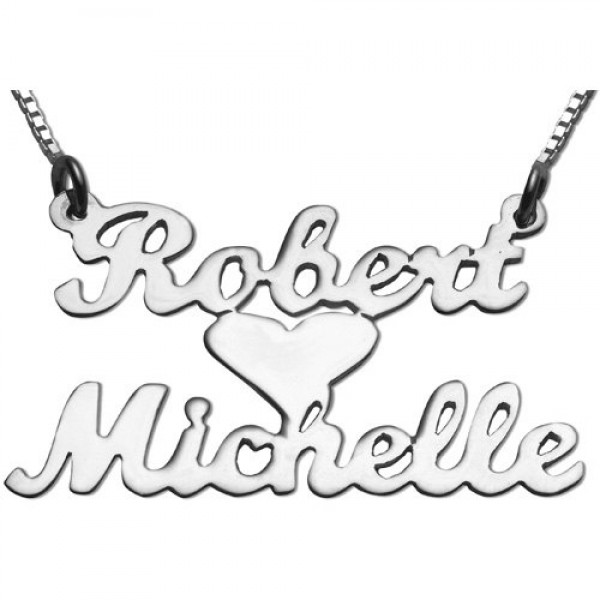 Dual Name with Heart Necklace in Silver