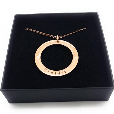 Elegant minimalist plain circle in Rose Gold with Personalised Text and rose gold necklace, Gift box Included, Hand Stamped hypoallergenic