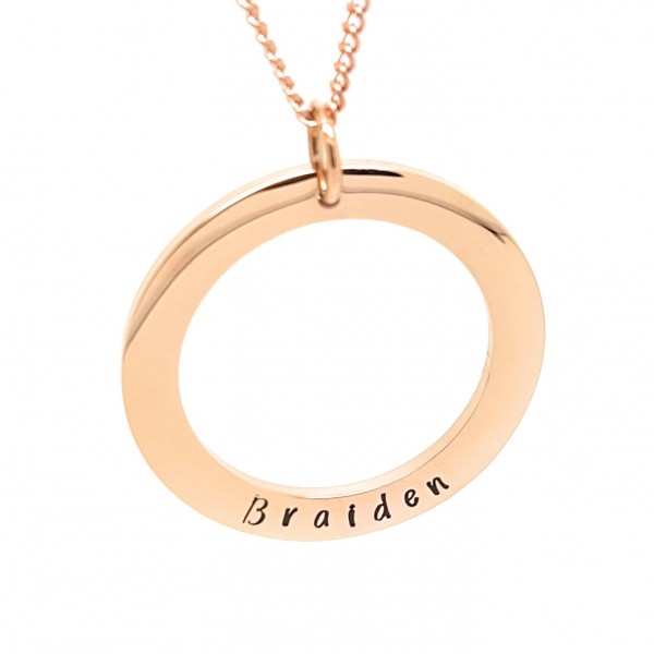 Elegant minimalist plain circle in Rose Gold with Personalised Text and rose gold necklace, Gift box Included, Hand Stamped hypoallergenic
