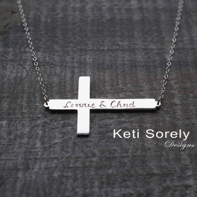 Engrave This Cross Necklace With Names, Dates, Psalm or Initials in  Yellow, Rose or White Gold -Sideways Cross Necklace