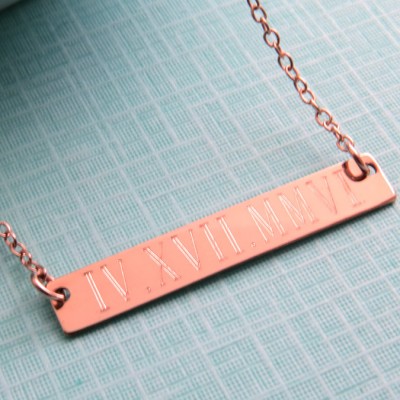 Engraved Bar Necklace • Date In Roman Numerals • Horizontal Bar • Anniversary Gift • Coordinates Bar Necklace • Personalized Wedding Date