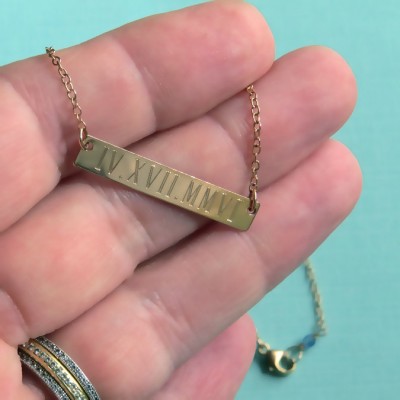 Engraved Bar Necklace • Date In Roman Numerals • Horizontal Bar • Anniversary Gift • Coordinates Bar Necklace • Personalized Wedding Date