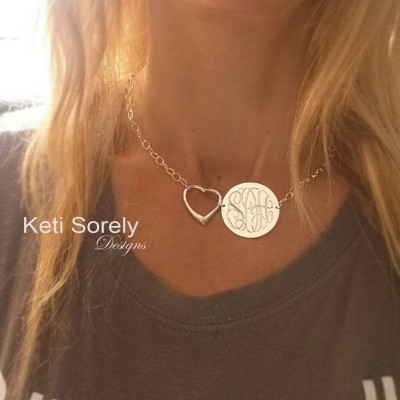 Engraved Monogram Initials Disc with Heart - Monogrammed Initials Necklace with Large Chain - Sterling Silver, Yellow Gold or Rose Gold