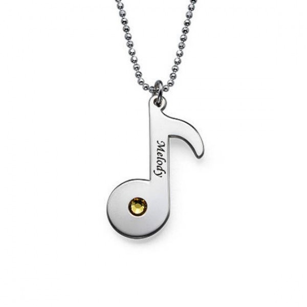 Engraved Music Note Necklace with Birthstone in Sterling Silver 0.925