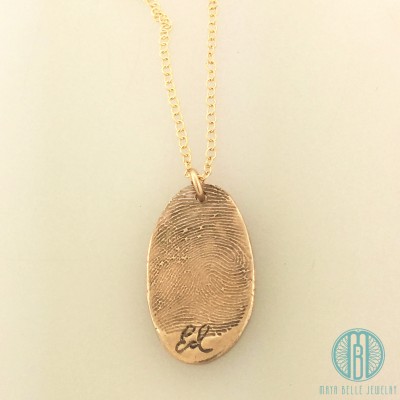 FINGERPRINT Bronze oval and 14k gold filled necklace made from JPEG fingerprint and handwriting image. Family Necklace in Bronze