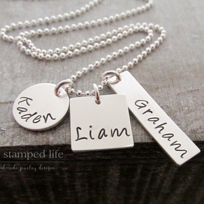 Family Name Necklace, Three Kids, Personalized Name Necklace, Three Names, Bar Charm Sterling Silver, Mothers Jewelry