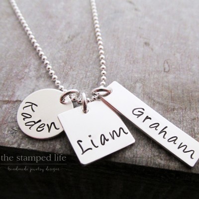 Family Name Necklace, Three Kids, Personalized Name Necklace, Three Names, Bar Charm Sterling Silver, Mothers Jewelry