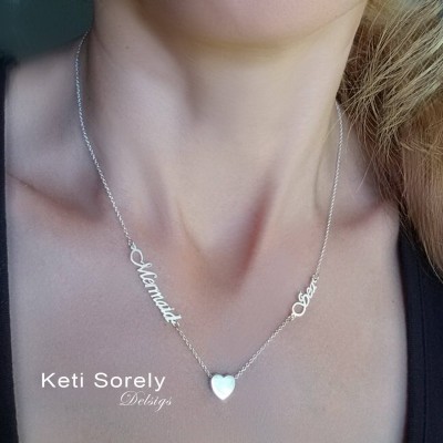 Family Names Necklace with Floating Heart - Personalize It with Your Kid's Names, Couples Names - Yellow, Rose Gold and Sterling Silver