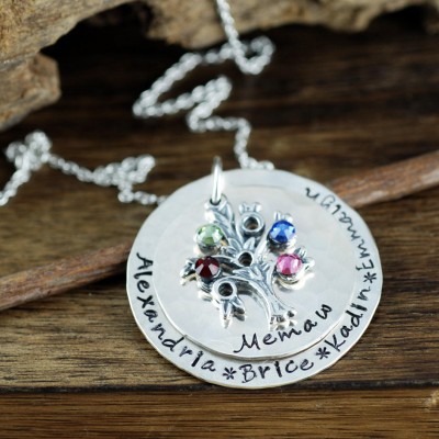 Family Tree Grandmother Necklace, Hand Stamped Necklace, Personalized Sterling Silver Necklace, Tree of Life Jewelry, Gift for Grandma
