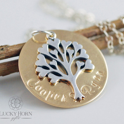 Family Tree Necklace - Mother's Necklace - Tree of Life Pendant - Personalized Necklace - Mixed Metal Necklace - Mothers Day Gift