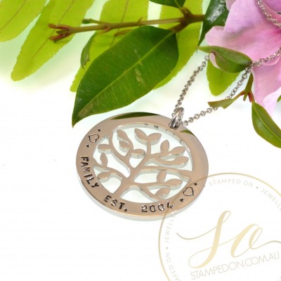 Family Tree Personalised Hand Stamped Pendant - Stainless Steel Silver, Gold, Rose Gold