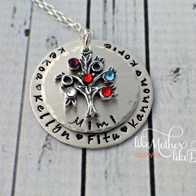 Family Tree Tree of Life Hand Stamped Necklace - Custom Tree of Life Necklace - Birthstone Tree of Life - Tree Necklace Mother's Day Gift