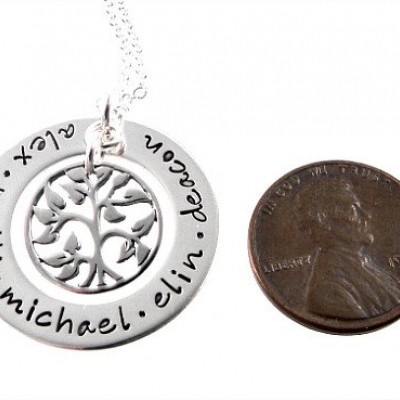 Family Tree Washer / Personalized Necklace / Mom Jewelry / Hand Stamped