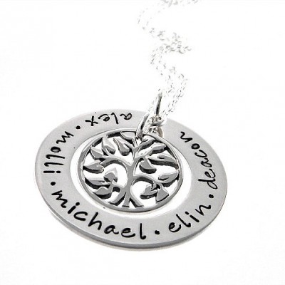 Family Tree Washer / Personalized Necklace / Mom Jewelry / Hand Stamped