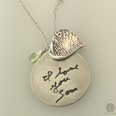 Fingerprint and Actual Handwriting necklace made from actual fingerprint and writing/signature and gem stone