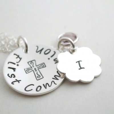 First Communion Hand Stamped Necklace with Custom Sterling Silver Initial - Personalized 1st Communion Jewelry for Her