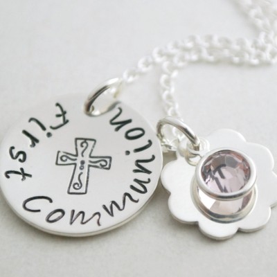 First Communion Hand Stamped Necklace with Custom Sterling Silver Initial - Personalized 1st Communion Jewelry for Her