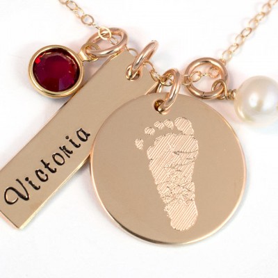 Footprint Necklace with Your Child's Actual Foot Print - 14k Gold Fill or Sterling Silver - Personalized Foot Print Necklace