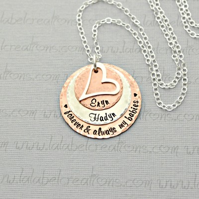 Forever and Always My Babies Necklace Personalized Necklace with Heart Charm, Mixed Metal Necklace with Kids Names Necklace Hand Stamped
