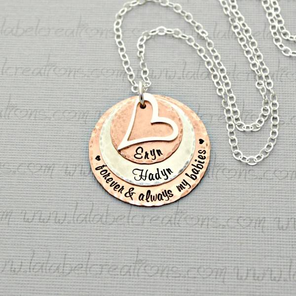 Forever and Always My Babies Necklace Personalized Necklace with Heart Charm, Mixed Metal Necklace with Kids Names Necklace Hand Stamped