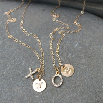 Friendship love XO set of two (2) Necklaces, 14k gold filled initial disc, X O cubic zirconia, cz diamonds,personalized custom,hugs + kisses