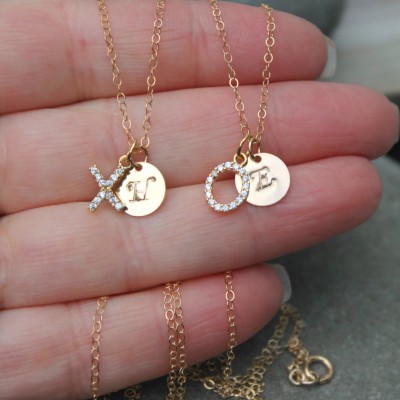 Friendship love XO set of two (2) Necklaces, 14k gold filled initial disc, X O cubic zirconia, cz diamonds,personalized custom,hugs + kisses