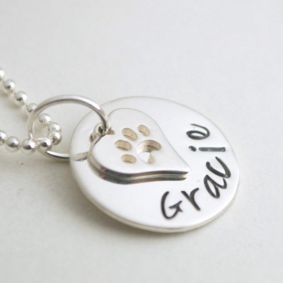 Fur Baby Jewelry Hand Stamped Necklace with Name of Pet and Heart Paw Charm Sterling Silver Necklace