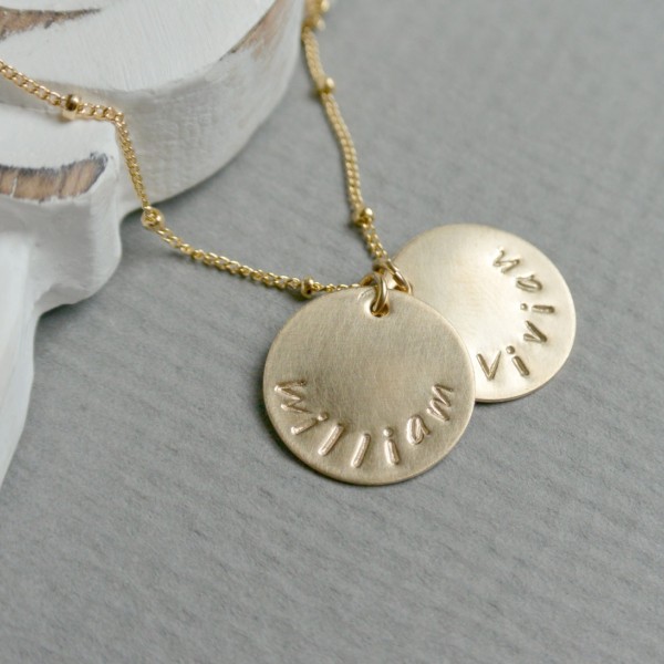 GOLD Personalized Mothers Necklace, Name Necklace, Hand Stamped Necklace, New Mom 14k GOLD Filled Necklace, Name Pendant, Christmas Gift